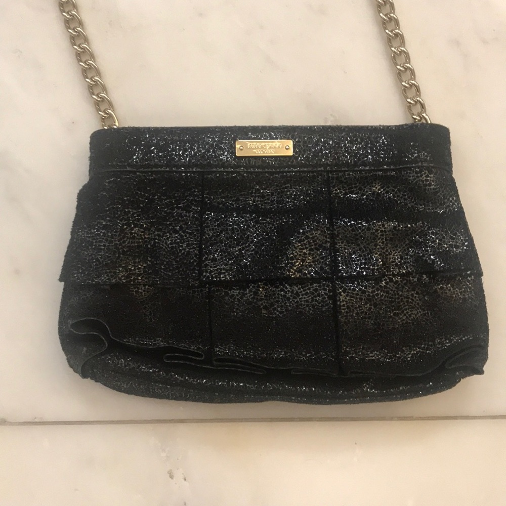 Kate Spade black ruffle clutch with gold chain